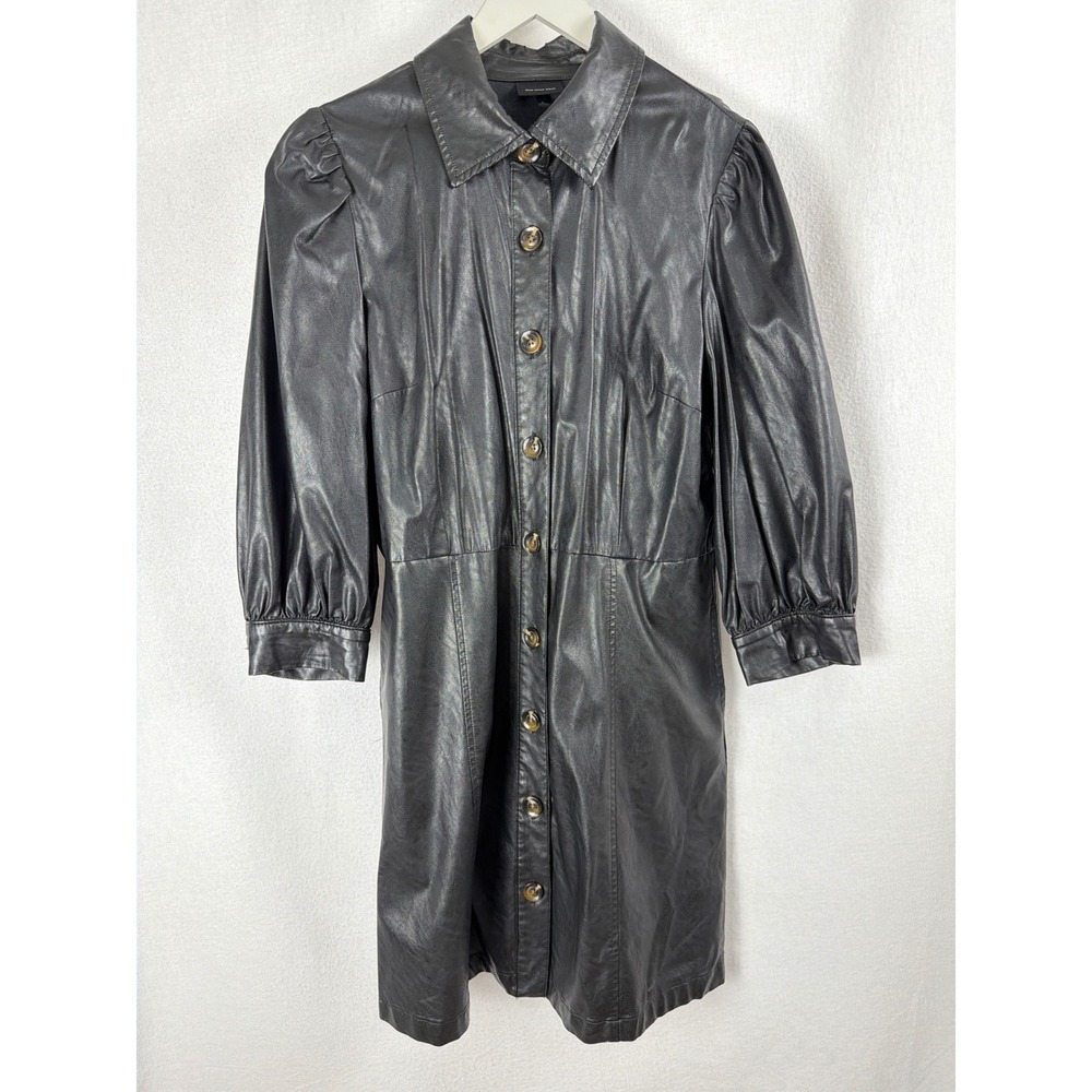 Who What Wear Womens Black Faux Leather Puff Sleeve Button Down Shirt Dress L